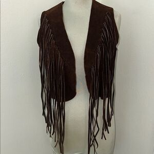 Brown leather fringe vintage western vest medium m